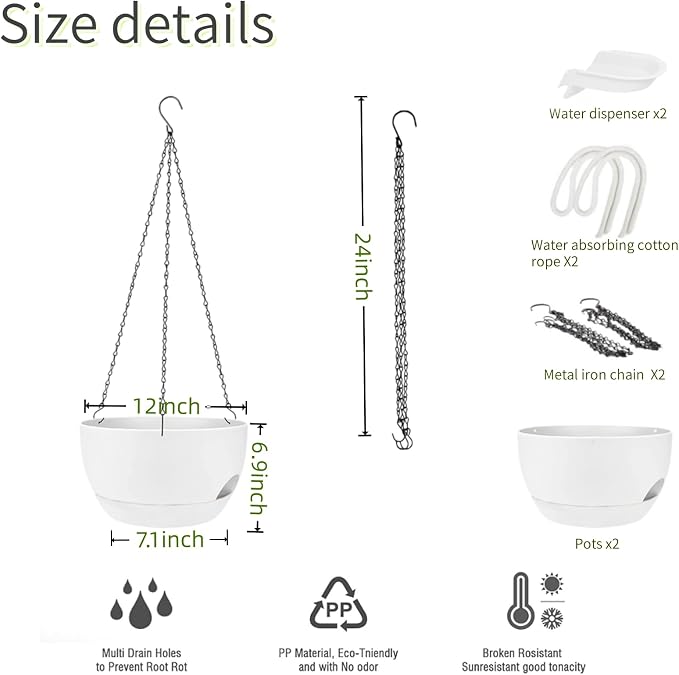 12 Inch Self Watering Hanging Planters 2 Pack, White | Plastic planters with drainage holes and saucers. Suitable for indoor, outdoor, kitchen, balcony and garden plant decor.