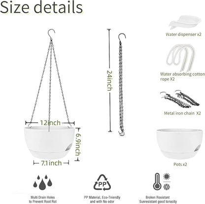 12 Inch Self Watering Hanging Planters 2 Pack, White | Plastic planters with drainage holes and saucers. Suitable for indoor, outdoor, kitchen, balcony and garden plant decor.