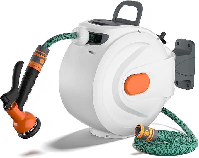 Retractable Garden Hose Reel 1/2 Inch x 100ft Wall Mounted, Auto Lock & Slow Retraction System, 8-Function Spray Nozzle, 180° Swivel Bracket, Heavy Duty Metal & PVC Construction (White, 100ft)