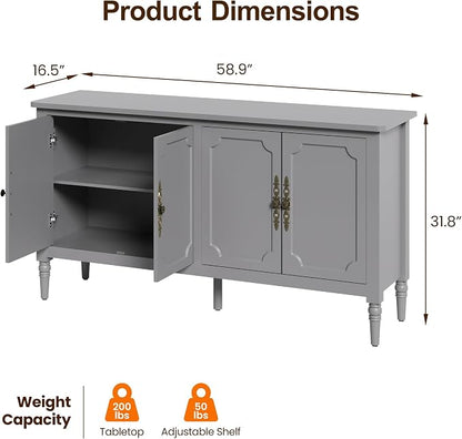 RoyalCraft Buffet Cabinet with Storage, 59" Vintage Sideboard with Adjustable Shelves, Mid Century Modern Painted Credenza Coffee Bar for Kitchen, Dining Room, Entryway, Living Room, Dove Gray