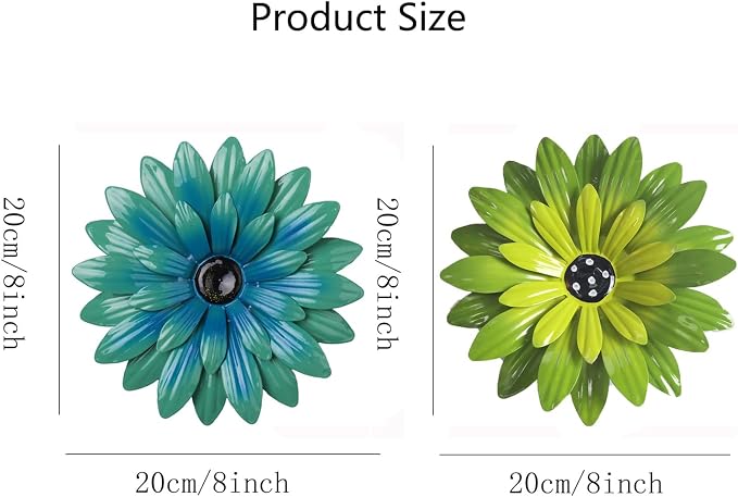 Outdoor Metal Wall Art Decor, 2 Pack 8 Inch Sunflower Wall Decorations, Hanging Outdoor wall Decor, Handmade Metal Flowers for Outdoor Outside Indoor Decor, Lake Blue+ Green