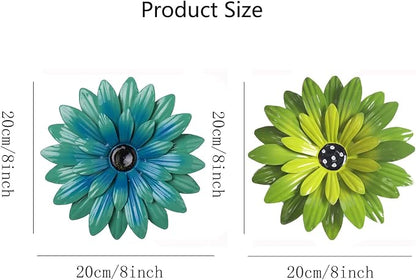 Outdoor Metal Wall Art Decor, 2 Pack 8 Inch Sunflower Wall Decorations, Hanging Outdoor wall Decor, Handmade Metal Flowers for Outdoor Outside Indoor Decor, Lake Blue+ Green