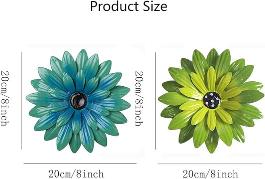 Outdoor Metal Wall Art Decor, 2 Pack 8 Inch Sunflower Wall Decorations, Hanging Outdoor wall Decor, Handmade Metal Flowers for Outdoor Outside Indoor Decor, Lake Blue+ Green