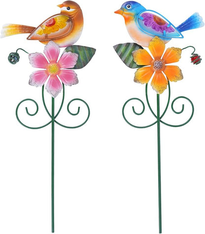 Topadorn Set of 2 Metal Bird & Flower Garden Stakes, Hand-Painted Decorative Yard Art for Planters, Flower Beds & Patio, 16 Inch