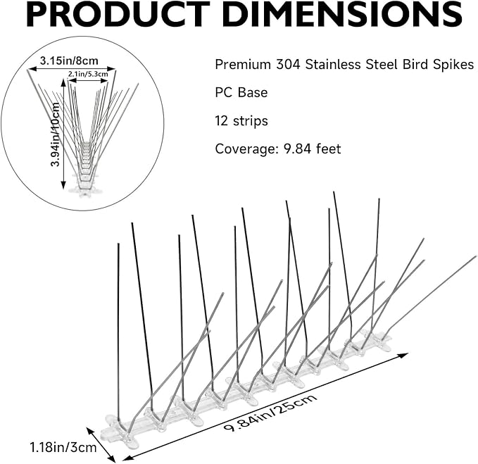 Pre-Assembled Bird Spikes Foldable Stainless Steel Spikes with Polycarbonate Base Pigeon Spikes Fence Kit for Small Bird Crows Woodpeckers (12 Strips 9.84 Feet)