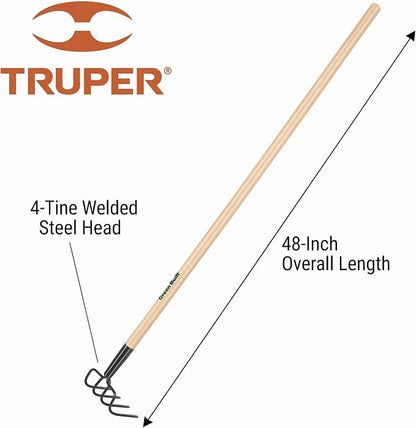 Truper GreenBuilt 4-Tine Welded Cultivator, 48-Inch Premium Waxed Hardwood Handle, Heavy-Duty Soil Aerating and Weeding Tool (Model 30029 / CUL-PE)