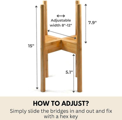 Fox & Fern Adjustable Plant Stand Indoor — 8 to 12 Inch Mid Century Bamboo Plant Stand with Adjustable Width - Plug In Design - Easy to Assemble - Two Heights - For 8, 9, 10, 11 & 12 Inch Pots