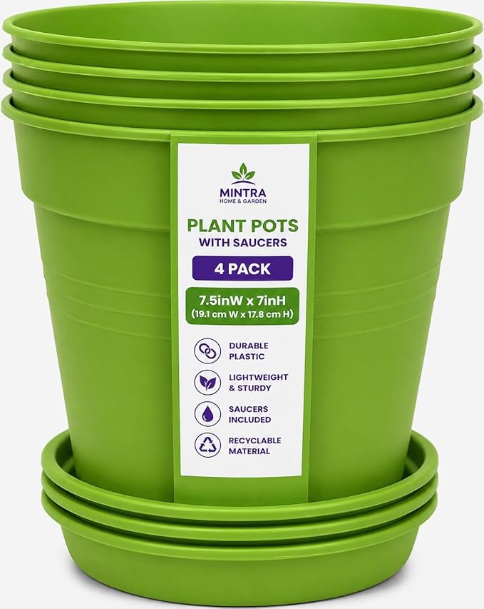 Mintra Garden Pots, 4 Pack Bulk Plastic Plant Pots with Drainage Tray, Round Indoor & Outdoor Decorative Planters with Drain Holes for Flowers, Herbs & Plants, 19cm Diameter – Light Green, 7.5 in