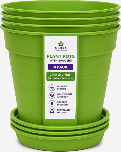 Mintra Garden Pots, 4 Pack Bulk Plastic Plant Pots with Drainage Tray, Round Indoor & Outdoor Decorative Planters with Drain Holes for Flowers, Herbs & Plants, 19cm Diameter – Light Green, 7.5 in