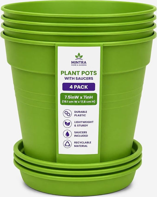 Mintra Garden Pots, 4 Pack Bulk Plastic Plant Pots with Drainage Tray, Round Indoor & Outdoor Decorative Planters with Drain Holes for Flowers, Herbs & Plants, 19cm Diameter – Light Green, 7.5 in