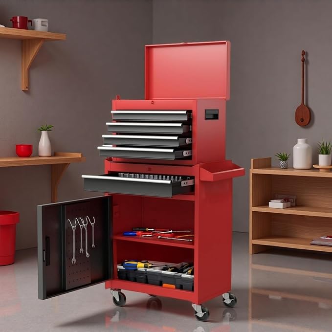 Tool Chest, 5-Drawers Rolling Tool Storage Cabinet with Lockable Wheels, Detachable Top, Adjustable Shelf & Locking Mechanism, Multifunctional Tool Cart for Garage Warehouse, Red