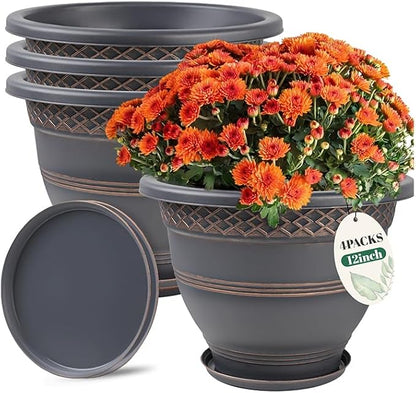 Usocik 12 Inch Plaid Plant Pots 4 Pack with Drainage and Saucers Copper | Copper plaid PP pots with drainage holes and saucers for flowers herbs pothos aloe patio porch garden