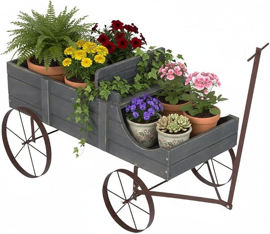 Shine Company Decorative Wagon Garden Planter, Wooden Wagon Yard Décor for Outdoor Plants, Large, Gray