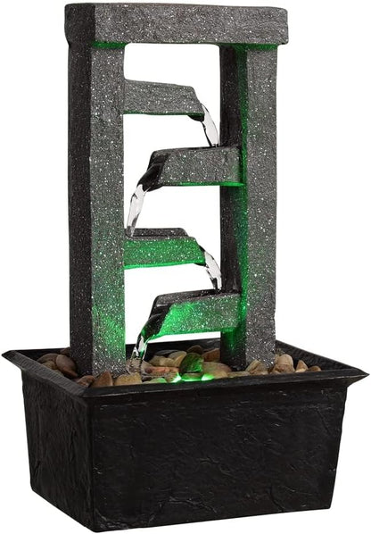 GOSSI 10" 4-Tier Tabletop Waterfall Fountain with Natural River Rocks, LED Lights, Resin Indoor Water Feature for Home Office Decor, Meditation Relaxation Gift