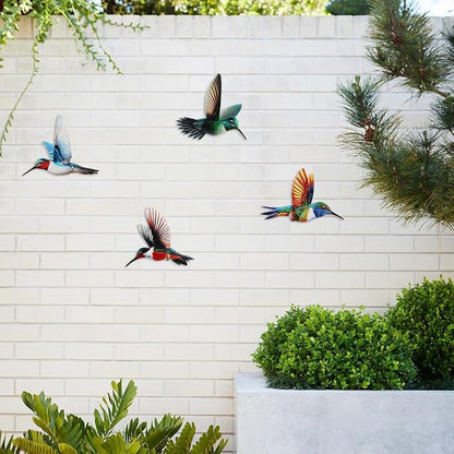 4 Pack Metal Hummingbird Wall Art Garden Decor, Birds Outdoor Wall Art Yard Patio Fence Decoration, 3D Colorful Bird Wall Hanging Sculpture Outside Livingroom Gift for Women Mom