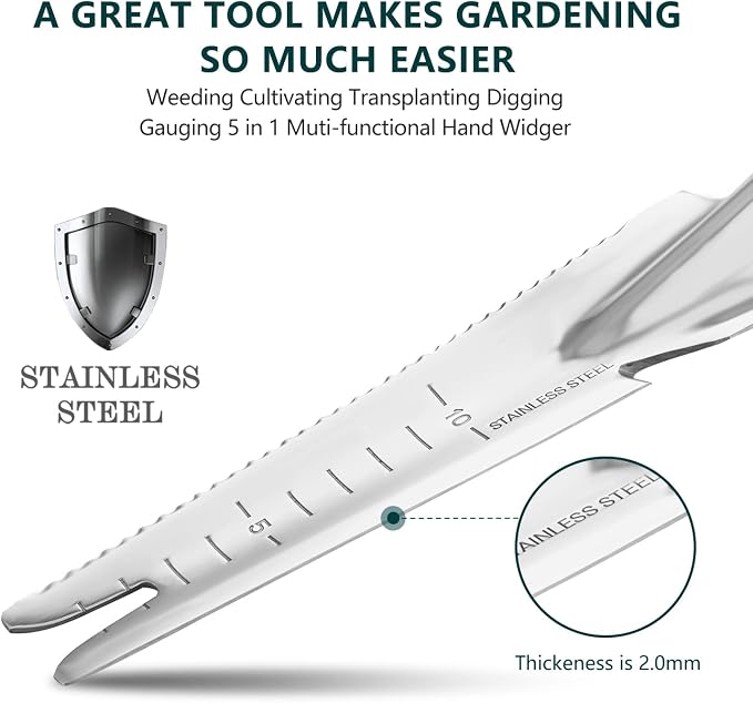 Berry&Bird Garden Hand Weeding Trowel, 5-in-1 Stainless Steel Weeder Puller | 13.2'' Garden Weeding Tool with Wooden Handle, Weed Puller & Digging Knife for Weeder Removal Planting Transplanting Cutting