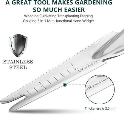 Berry&Bird Garden Hand Weeding Trowel, 5-in-1 Stainless Steel Weeder Puller | 13.2'' Garden Weeding Tool with Wooden Handle, Weed Puller & Digging Knife for Weeder Removal Planting Transplanting Cutting