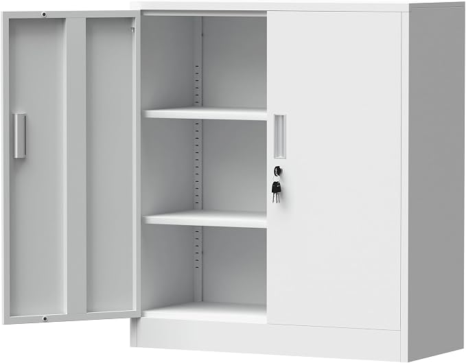 iJINGUR Metal Storage Cabinet with Locking Doors and 2 Adjustable Shelves, Small Lockable Storage Cabinet for Home Office Garage (White)