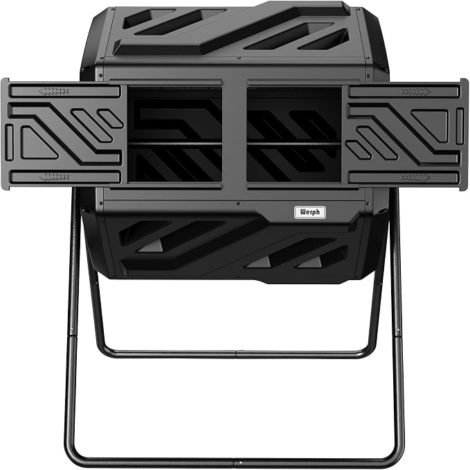 Werph 43 Gallon Compost Bin with Gloves, Fast Assembly & Easy Setup Outdoor Compost Tumbler, Updated Dual Chamber Tumbling Composter for Garden, Kitchen, and Yard Waste, Black