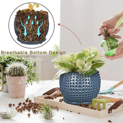 Oairse Ceramic Pot for Indoor Plants, 7 inch Plant Pot with Drainage Hole and Saucer Decorative Blue Planter with Saucer Indoor Outdoor Flower Pots for Succulent Snake Plant Pothos Orchid