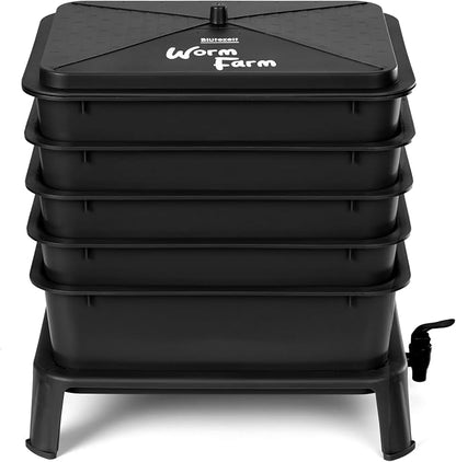 Blütezeit 5-Tray Worm Composter, 53QT Worm Compost Bin Indoor & Outdoor, Worm Farm Kit for Vermicomposting Starter, Recycling Food Waste (Black)
