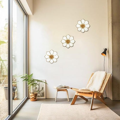 Metal Flowers Wall Decor White and Gold Wall Art Decorations Hanging 3 Pc Rustic Modern Floral Sculpture Wall Accent Artwork Indoor Outdoor for Bathroom Kitchen Bedroom Living Room Patio Porch 10 Inch