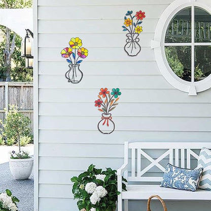 dreamskip 3 Pieces Metal Flowers Garden Wall Arts, Rustic Farmhouse Wall Decor, Minimalist Bathroom Hanging Sculptures for Living Room Bedroom Dining Room Housewarming Gifts