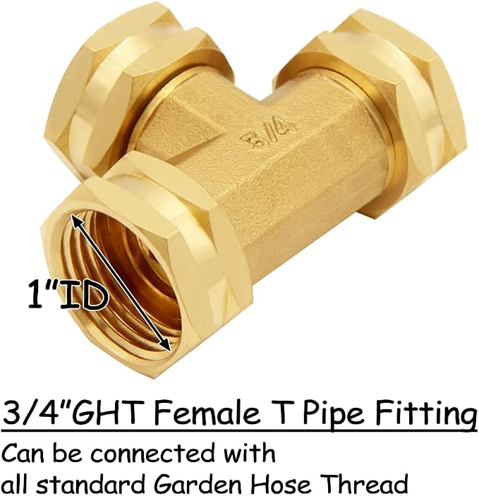 Uenede Brass 3/4 Inch GHT Swivel Tee Pipe Fitting 3/4" GHT Female for Garden Hose Threaded Tube Pipe Fittings