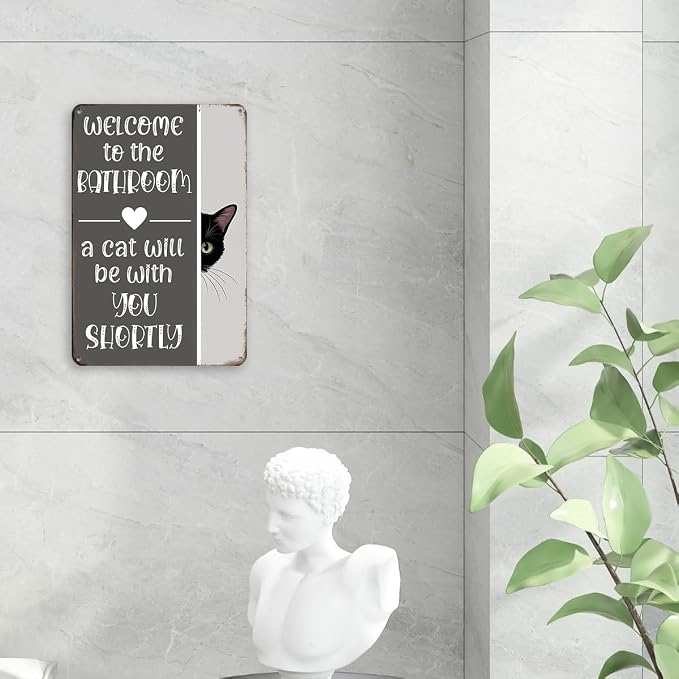 mmiishe Funny Metal Signs Black Cat Lover Gifts for Women Men Cat Bathroom Decor Vintage Wall Decor for Restroom Toilet Powder Room Wall Art Plaques 8x12 Inches Bathroom Accessories