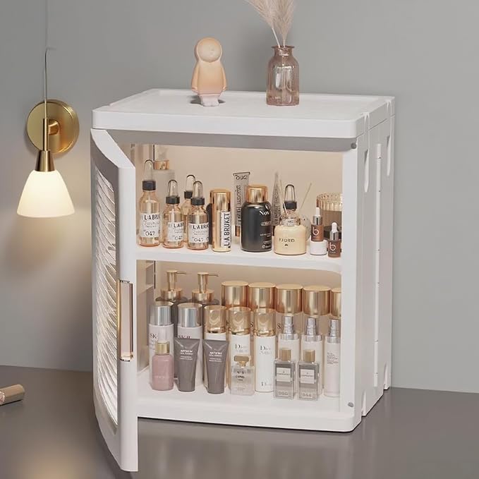 Mini Countertop Storage Cabinet,White | Clear Doors,Adjustable Shelf,Bathroom Organizers and Storage,Toilet Paper Storage,For Pantry Kitchen Living Room