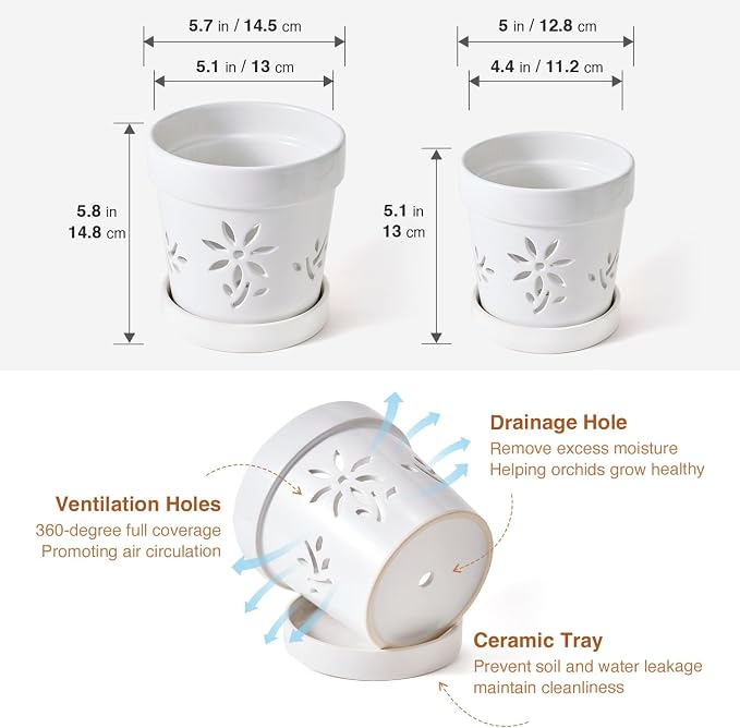 STHIE Small Orchid Pots with Holes 5 Inch & 6 Inch, Ceramic Orchid Pots for Repotting, 2 Pack Breathable Slotted Orchids Planter, White Flower