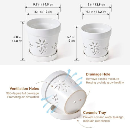 STHIE Small Orchid Pots with Holes 5 Inch & 6 Inch, Ceramic Orchid Pots for Repotting, 2 Pack Breathable Slotted Orchids Planter, White Flower