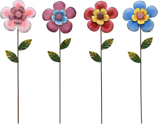 4Pcs Metal Flower Garden Stakes, 16" H Rustic Flowers Yard Stake Decorative Spring Outdoor Garden Decor Planter Flower Pot Metal Flower Stick for Patio,Lawn,Yard,Pathway (Flower)