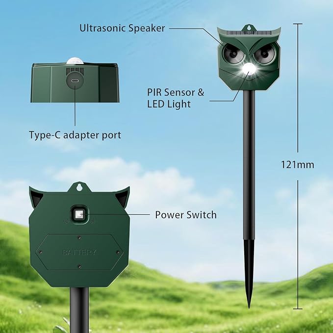 2 Pack Solar Ultrasonic Animal Repeller with Flashing LED Lights – Cat Deterrent Outdoor for Squirrels, Deer, Raccoons, Rabbits, Skunks, Dogs – Protects Garden, Yard, Lawn, Farm & Crops