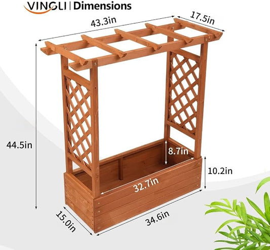 VINGLI Raised Garden Bed with Trellis & Hanging Roof, Wooden Planter Box with Drainage Holes for Outdoor Climbing Plants Vegetables Flowers, Patio Yard Balcony (Teak, Medium)