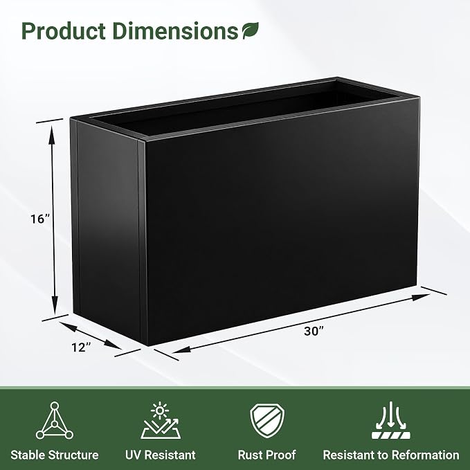 Metal Planter Box 30” x 12” x 16”, Tall Rectangle Planter Box | with with Drainage Holes & Rust-Proof Coating, Modern Outdoor/Indoor Black Planter Box for Porch, Garden, Patio, Yard
