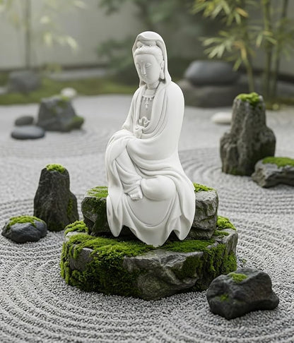 Bellaa Kwan Yin Buddha Statue - 11" White Marble Powder Lady Buda Kuan Guanyin Goddess of Mercy Sculpture - Meditation Decor for Home, Office & Zen Garden 22654