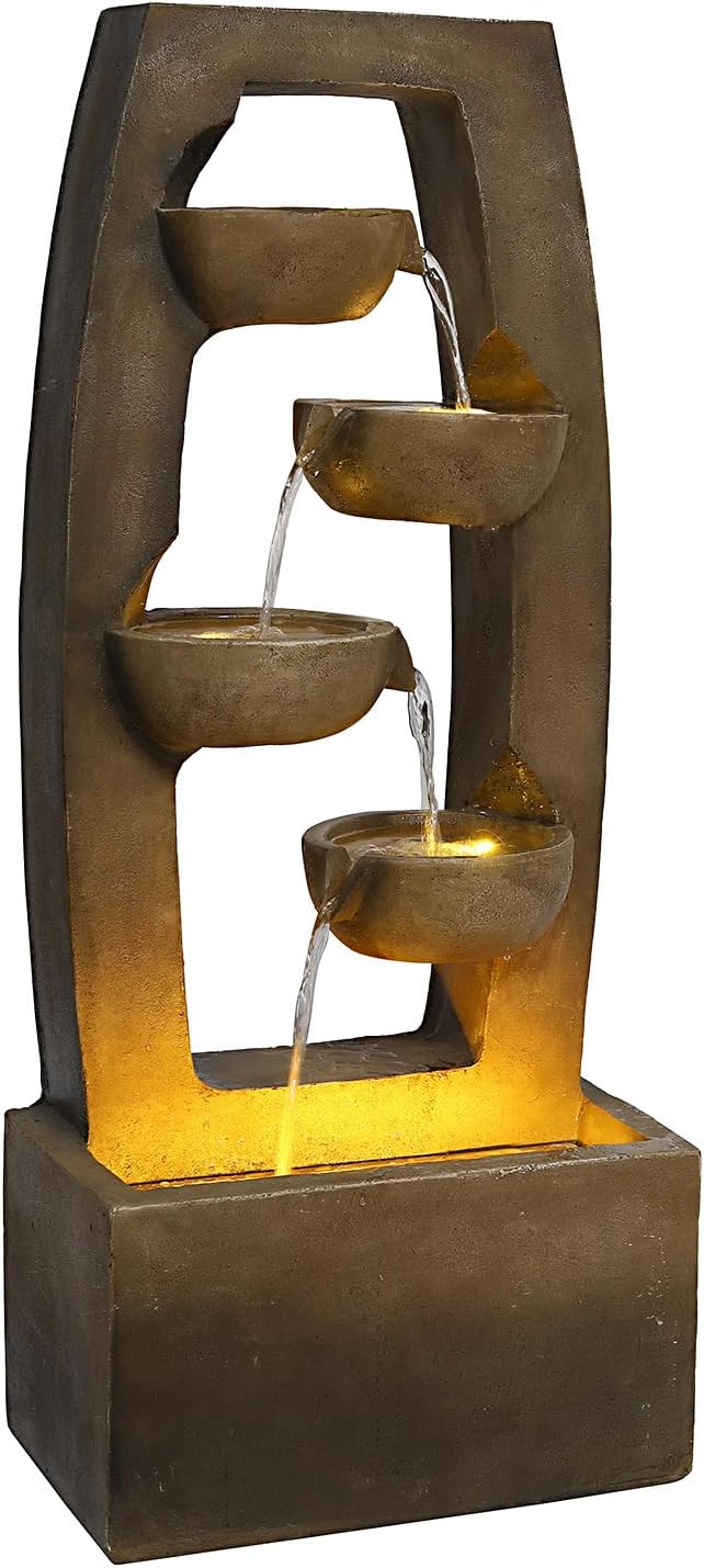 37.6" Outdoor Water Fountain, 4 Tier Bowl Cascading Freestanding Water Fountain, Modern Garden Water Feature with LED Lights, Suitable for Patio Yard Porch Landscape, Brown