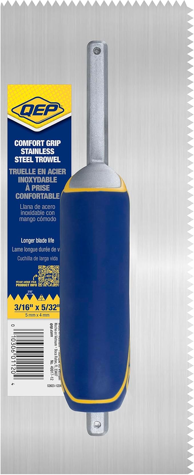 QEP Comfort Grip Stainless Steel Trowel V-Notch 3/16" x 5/32"