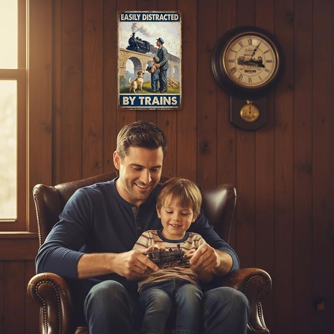 Easily Distracted by Trains Tin Sign – Train Decor for Boys Room and Men – Vintage Train Wall Decor for Train Room or Man Cave – 8x12 Inch Metal Sign