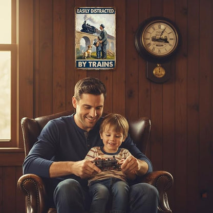 Easily Distracted by Trains Tin Sign – Train Decor for Boys Room and Men – Vintage Train Wall Decor for Train Room or Man Cave – 8x12 Inch Metal Sign
