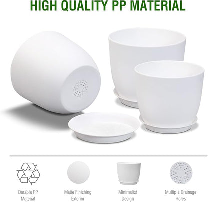 WSMKSZ 12/10/9 inch Large Plant Pots, 3 Pack Modern Decorative Plastic Planters with Drainage Holes and Saucers, Flower Pots for Indoor Outdoor Plants, White