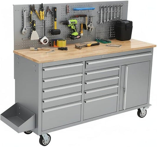 Heavy-Duty 10-Drawer Rolling Tool Cabinet & 61" Garage Workbench with Solid Wood Top, Power Strip, USB, 1675 lb Load, Ball-Bearing Slides, Locking Wheels, Mobile Tool Organizer in Silver