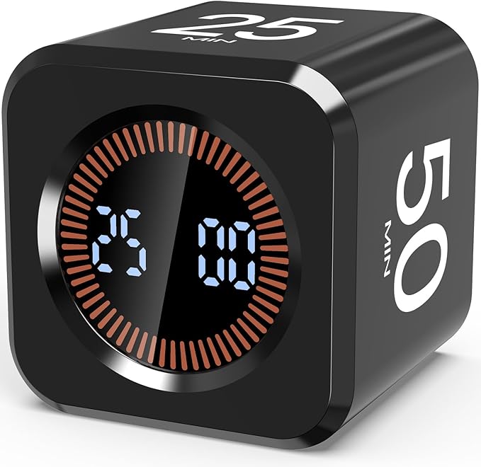 Digital Pomodoro Timer Cube 5/10/25/50min, Visual Productivity Flip Timer for Kids Classroom Desk, Custom Countdown, Silent and Sound Mode for ADHD Study Work Game Kitchen (Black)