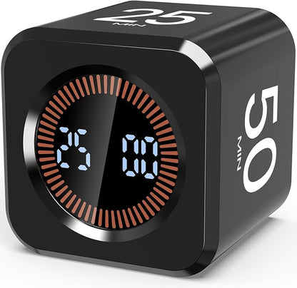 Digital Pomodoro Timer Cube 5/10/25/50min, Visual Productivity Flip Timer for Kids Classroom Desk, Custom Countdown, Silent and Sound Mode for ADHD Study Work Game Kitchen (Black)