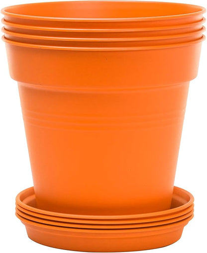Mintra Garden Pots, 4 Pack Bulk Plastic Plant Pots with Drainage Tray, Round Indoor & Outdoor Decorative Planters with Drain Holes for Flowers, Herbs & Plants, 15cm Diameter – Orange, 5.9 in