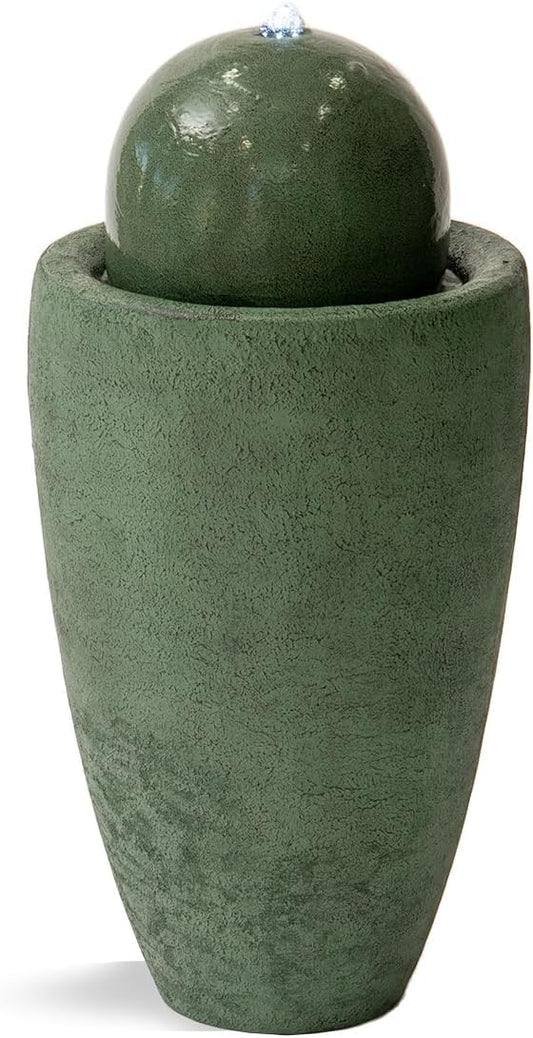 XBrand 25.98" Modern Sphere Water Fountain with LED Light – Indoor Outdoor Stone Texture Floor Fountain, Zen Bubbling Ball Water Feature for Garden Patio Porch - Green