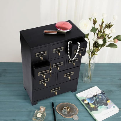 Apothecary Drawers Apothecary Cabinet with Drawers, Black | 9 Drawer Library Card Catalog, Wooden Storage Box, Wooden Desktop Organizer with Metal Handles-Fulled Assembled
