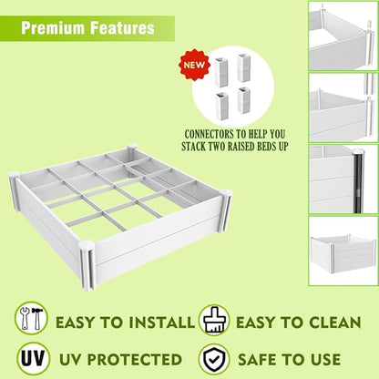 Raised Garden Bed Kit 4'x4' Outdoor Above Ground Planter Box for Growing Vegetables Flowers Herbs, DIY Gardening, Whelping Pen and More, Screwless White Vinyl Garden Bed with Grid