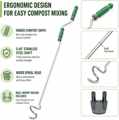 46.5" Compost Aerator Tool, Manual Compost Turner, No Assembly Stainless Steel Compost Stirring Tool for Compost Bins, Outdoor Compost Piles & Backyard Composting, Wall Mount Hook